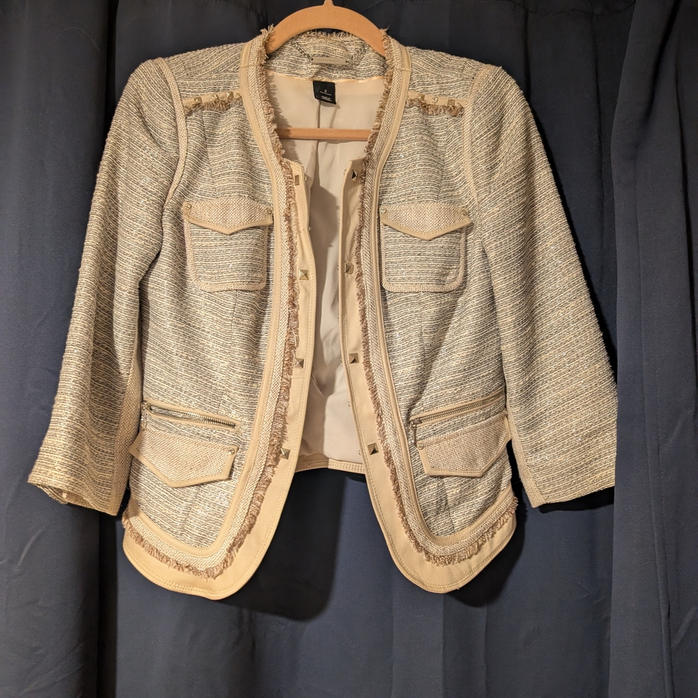 Elegant Cream and Gold Women's Crop Jacket With Black Threading